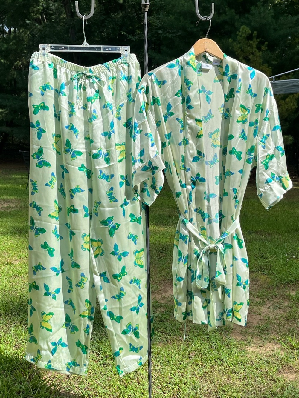 90s Mix It Green Butterfly Satin Robe & Pants Sleepwear 2-Piece Set Size M Fairy